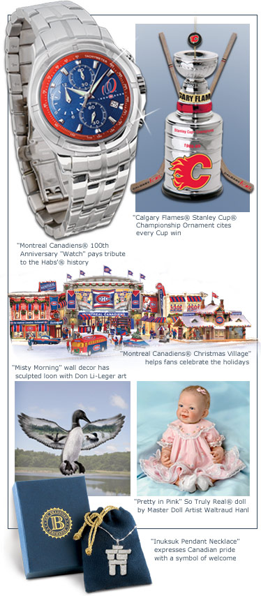 A collage of images featuring the Montreal Canadiens(R) 100th Anniversary Watch, Calgary Flames(R) Stanley Cup(R) Chamnpionship Ornament, Montreal Canadiens(R) Christmas Village, Misty Morning Wall Decor, Pretty in Pink So Truly Real(R) Doll, and the Inuksuk Pendant Necklace