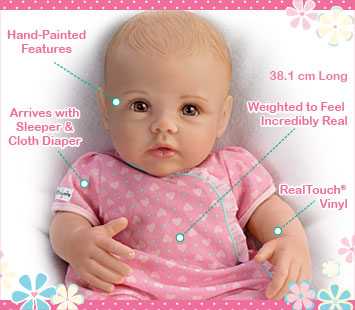 This lifelike So Truly Mine doll from The Ashton-Drake Galleries is crafted with RealTouch vinyl, has hand-painted features, arrives with a sleeper and cloth diaper, is weighted to feel incredibly real and is 38.1 centimetres long.