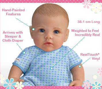 This lifelike So Truly Mine doll from The Ashton-Drake Galleries is crafted with RealTouch vinyl, has hand-painted features, arrives with a sleeper and cloth diaper, is weighted to feel incredibly real and is 38.1 centimetres long.